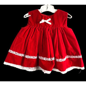 Vintage Christmas Dress Baby Girls 3-6M Red Velvet Lace Fit & Flare Full Skirt